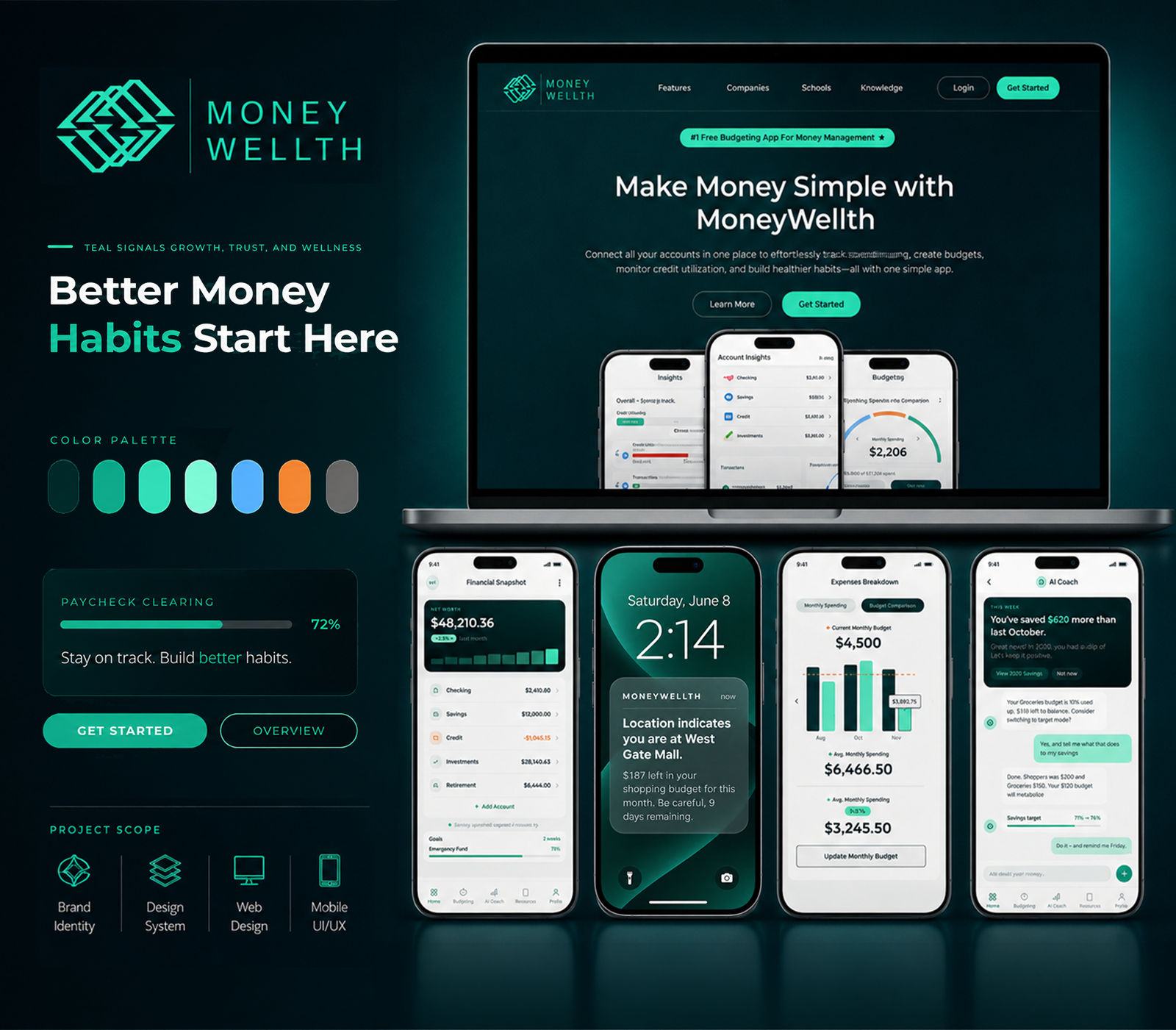 MoneyWellth brand, product and experience design overview: logo, color palette, typography, project scope, website, and app screens